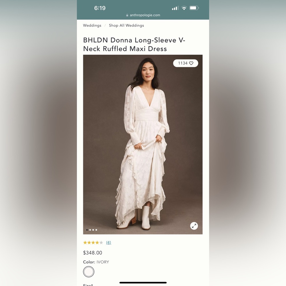 BHLDN Donna Long-Sleeve V-Neck Ruffled Maxi Dress - Size L - Ivory - NWT